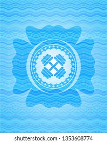 dumbbell icon inside water wave representation style badge.