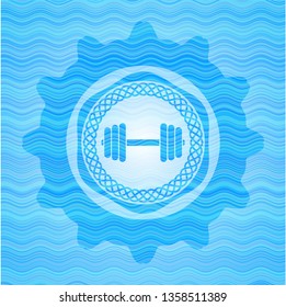 dumbbell icon inside water wave representation style emblem.
