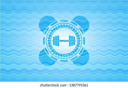 dumbbell icon inside water wave emblem.