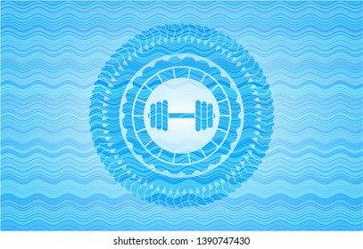 dumbbell icon inside water wave style emblem.