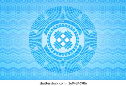 dumbbell icon inside water wave emblem background.