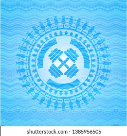 dumbbell icon inside water wavec oncept emblem.