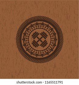 dumbbell icon inside wood emblem. Vintage.