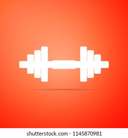 Dumbbell icon isolated on orange background. Muscle lifting icon, fitness barbell, gym icon, sports equipment symbol, exercise bumbbell. Flat design. Vector Illustration