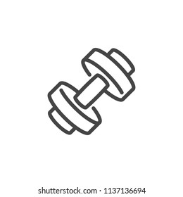 Dumbbell icon in linear design. Contour label for sports shop, gym, fitness class, athletic training. Healthy lifestyle and workout concept logo. Vector illustration isolated on white