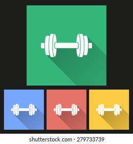 Dumbbell icon with long shadow, flat design. Vector illustration.