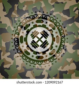 dumbbell icon on camouflage pattern