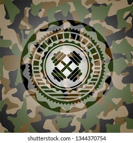 dumbbell icon on camouflage pattern