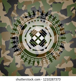 dumbbell icon on camouflaged pattern