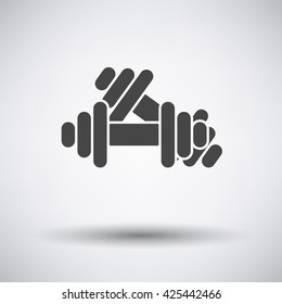 Dumbbell icon on gray background with round shadow. Vector illustration.