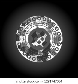 dumbbell icon on grey camouflaged texture