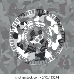 dumbbell icon on grey camouflaged texture