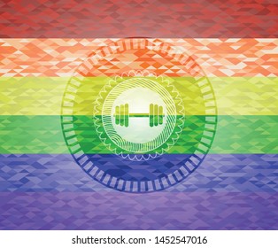 dumbbell icon on mosaic background with the colors of the LGBT flag