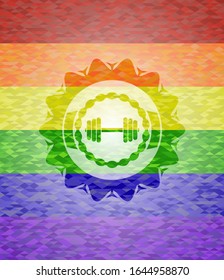 icono del dumbbell sobre fondo de mosaico con los colores de la bandera LGBT