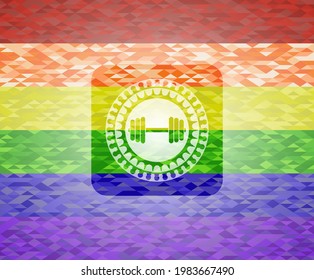 icono de dumbbell sobre fondo de mosaico con los colores de la bandera LGBT. 