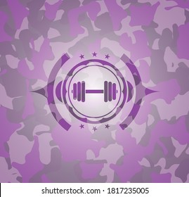 dumbbell icon on pink camouflage pattern. 