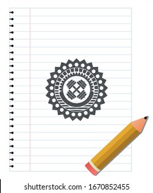 dumbbell icon pencil emblem. Vector Illustration. Detailed.