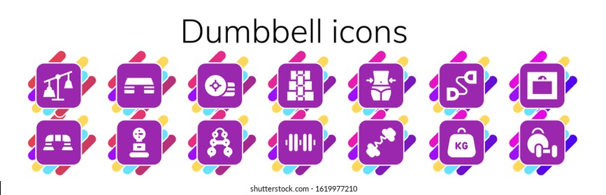 dumbbell icon set. 14 filled dumbbell icons. Included Weights, Push up, Fitness step, Weight, Barbell, Dumbbell, Fitness, Chest expander, Weightlifting icons