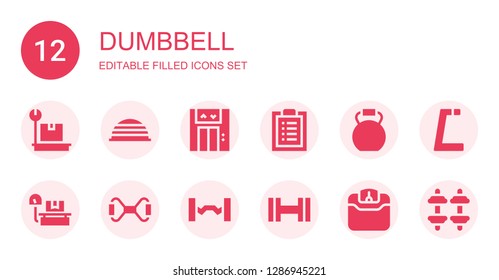 dumbbell icon set. Collection of 12 filled dumbbell icons included Weight, Bosu ball, Lift, Workout, Kettlebell, Chest expander, Barbell, Dumbbell, Gym