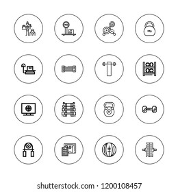 Dumbbell icon set. collection of 16 outline dumbbell icons with barbell, chest expander, dumbbell, fitness, handgrip, medicine ball, medicine balls, kettlebell, sport icons.