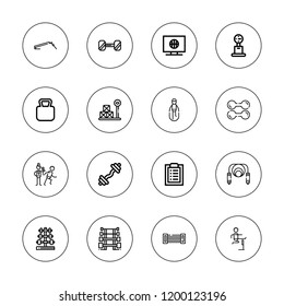 Dumbbell icon set. collection of 16 outline dumbbell icons with barbell, chest expander, dumbbell, fitness bench, fitness, kettlebell, skipping rope, sport, workout icons.