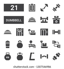 dumbbell icon set. Collection of 21 filled dumbbell icons included Dumbbell, Barbell, Gym, Kettlebell, Weight, Chest expander, Weightlifting, Protein shake, Lift, Bosu ball, Workout