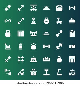 dumbbell icon set. Collection of 36 filled dumbbell icons included Mass, Gym, Weight, Fitness, Chest expander, Lift, Kettlebell, Gym bag, Dumbbell, Protein shake, Workout, Bosu ball