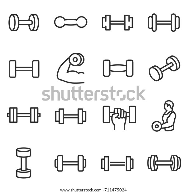 Dumbbell, icon set.\
Collection icons of dumbbells various forms, linear design. lines\
with editable stroke