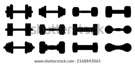 Dumbbell icon. Set of different dumbbell. Dumbbells for a sports hall. Black sign design.