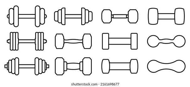 Dumbbell icon. Set of different dumbbell. Vector illustration. Dumbbells for a sports hall. Black linear signs