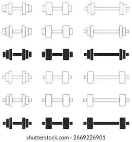 Conjunto de iconos de mancuerna. Vector de peso de mancuerna de línea y glifo. Colección de gimnasio