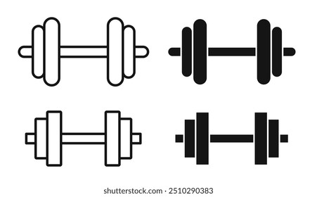Ícone de campainha definido em estilo plano com contorno e preenchido. Pictogramas de linha de haltere de treinamento de força da academia. Símbolos de haltere de levantamento de peso
