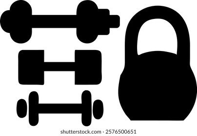 Dumbbell icon set for weight lifting at the gym vector silhouettes collection. Barbell Muscled