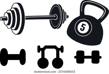 Dumbbell icon set for weight lifting at the gym vector silhouettes collection. Barbell Muscled