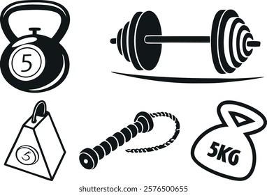 Dumbbell icon set for weight lifting at the gym vector silhouettes collection. Barbell Muscled