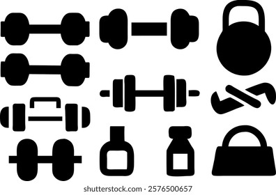 Dumbbell icon set for weight lifting at the gym vector silhouettes collection. Barbell Muscled