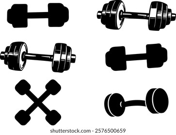 Dumbbell icon set for weight lifting at the gym vector silhouettes collection. Barbell Muscled