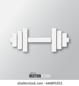 Dumbbell icon in white style with shadow isolated on grey background. For your design, logo. Vector illustration.