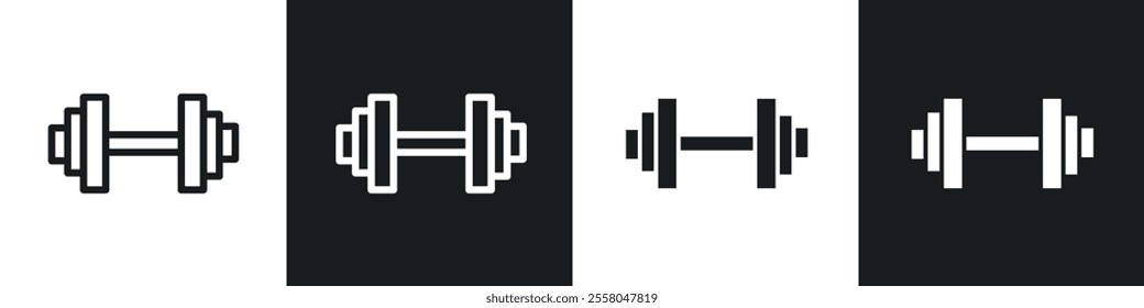 Dumbbell icons pack in black and white filled and outlined versions.