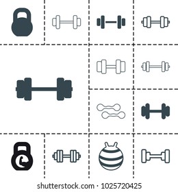 Dumbbell icons. set of 13 editable filled and outline dumbbell icons such as barbell, barbell   isolated, fit ball