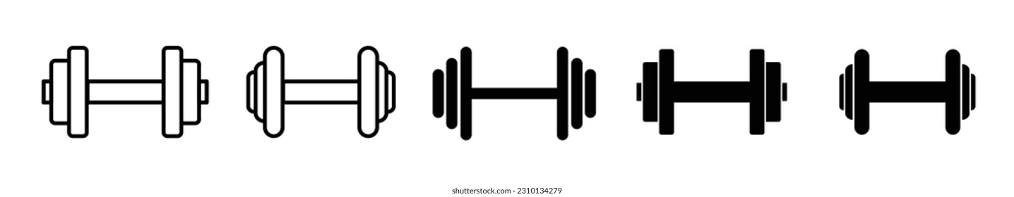 Dumbbell icons set in outlined and filled flat style. Gym heavy strength training dumbbell line pictograms. Weight lifting dumbbell signs.