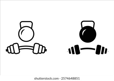 Dumbbell icons set in outlined and filled flat style. Gym heavy strength training dumbbell line pictograms. Weight lifting dumbbell signs.
