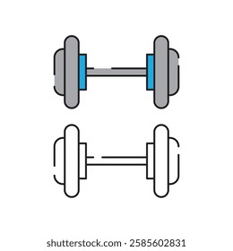 Dumbbell icons set in outlined and filled flat style. Gym heavy strength training dumbbell line pictograms. Weight lifting dumbbell signs.