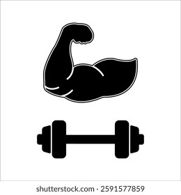 Dumbbell icons set in outlined and filled flat style. Gym heavy strength training dumbbell line pictograms. Weight lifting dumbbell signs.