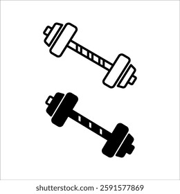 Dumbbell icons set in outlined and filled flat style. Gym heavy strength training dumbbell line pictograms. Weight lifting dumbbell signs.