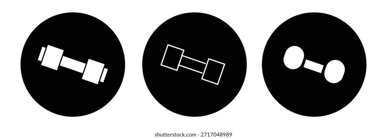 Iconos de mancuerna establecidos en estilo plano delineado y lleno. Pictogramas de línea de mancuernas de entrenamiento de fuerza pesada de gimnasio. Señales de mancuerna de levantamiento de peso eps 10