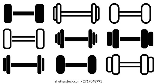 Iconos de mancuerna establecidos en estilo plano delineado y lleno. Pictogramas de línea de mancuernas de entrenamiento de fuerza pesada de gimnasio. Señales de mancuerna de levantamiento de peso eps 10