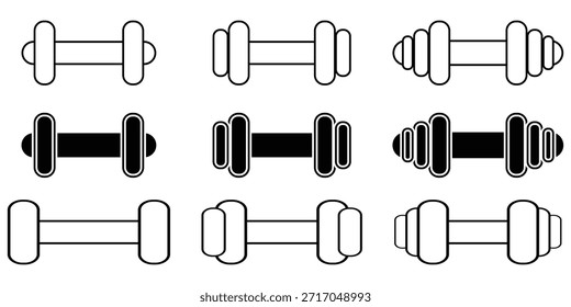 Iconos de mancuerna establecidos en estilo plano delineado y lleno. Pictogramas de línea de mancuernas de entrenamiento de fuerza pesada de gimnasio. Señales de mancuerna de levantamiento de peso eps 10