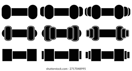 Iconos de mancuerna establecidos en estilo plano delineado y lleno. Pictogramas de línea de mancuernas de entrenamiento de fuerza pesada de gimnasio. Señales de mancuerna de levantamiento de peso eps 10