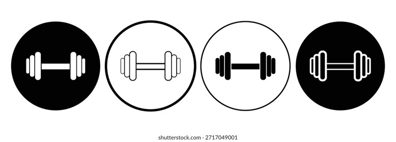 Iconos de mancuerna establecidos en estilo plano delineado y lleno. Pictogramas de línea de mancuernas de entrenamiento de fuerza pesada de gimnasio. Señales de mancuerna de levantamiento de peso eps 10